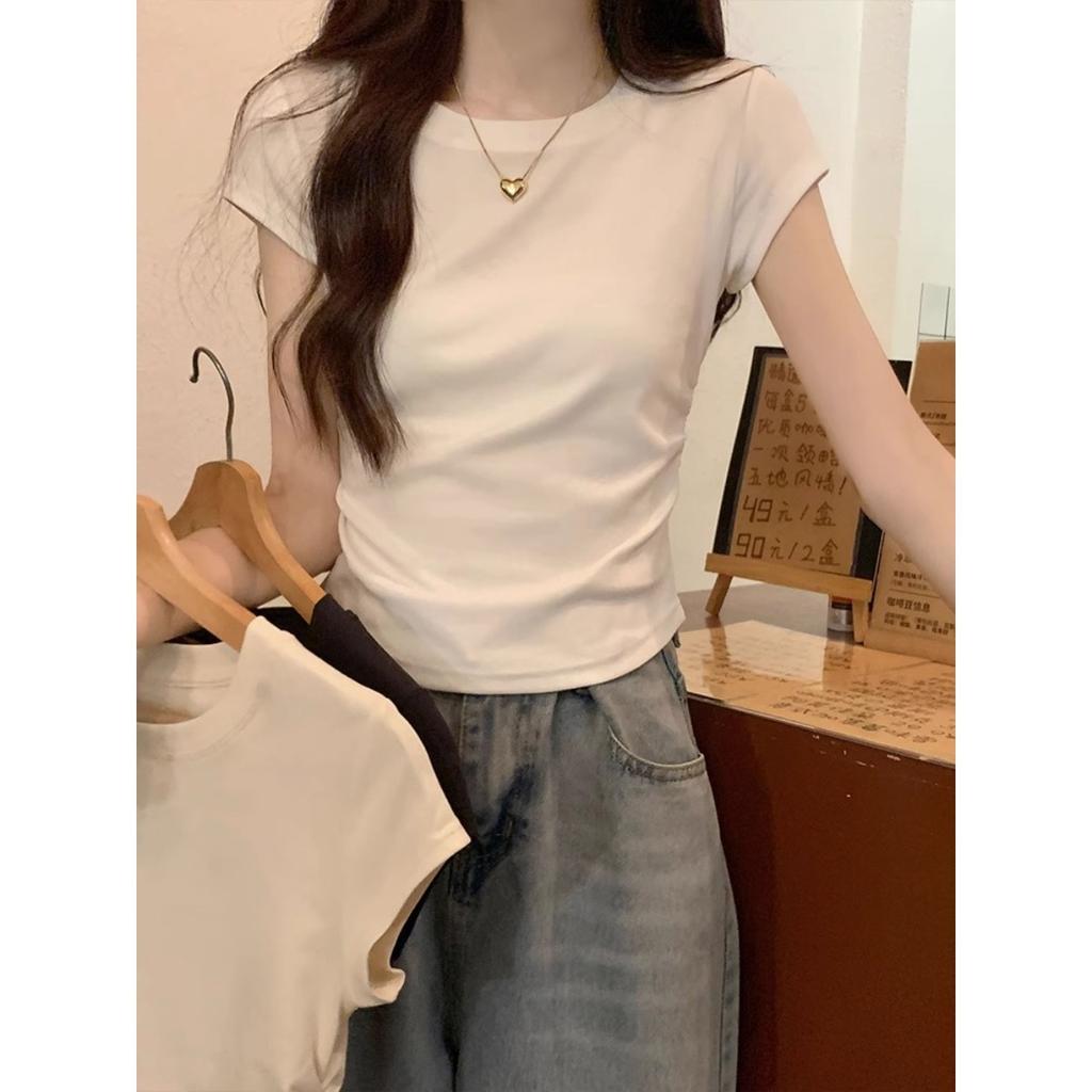 Sweet and Pure Desire Shoulder Short Sleeved T-shirt for Women, Embroidered with Bow, Spring and Summer Version Pleated Waist Cinching Short Top