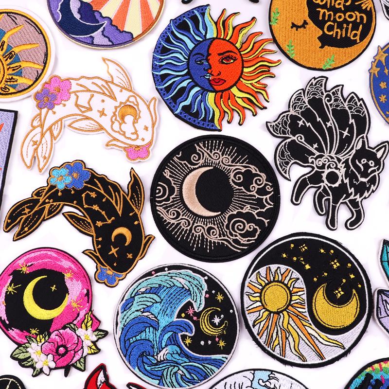 Sun Moon Patch Fox Whale Embroidery Patch Iron On Patches For Clothing Diy Cartoon /Wave Patches For Clothes Jacket Sew Stickers