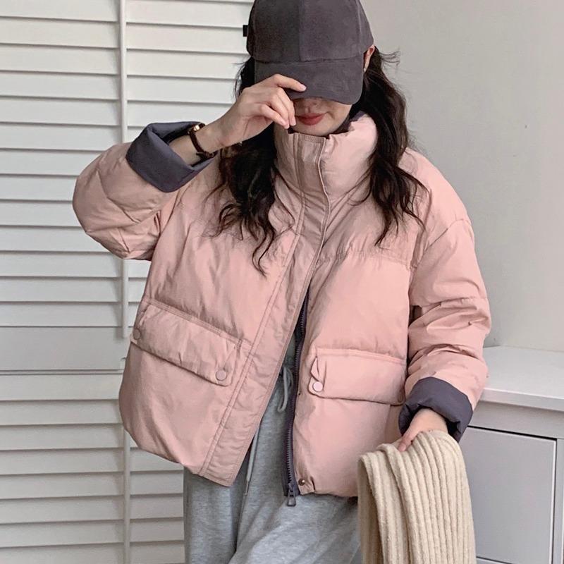 Real Shot Korean Version New Color Matching Down Cotton Suit for Women's Short Fashionable Loose Stand-collar Bread Suit with Thick Coat