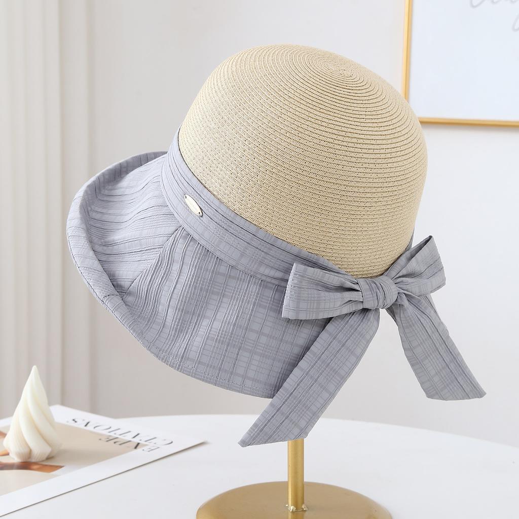 Women's Summer Wide Brim Bucket Hat Bow-Knot Patchwork Fisherman Style Beach Accessory