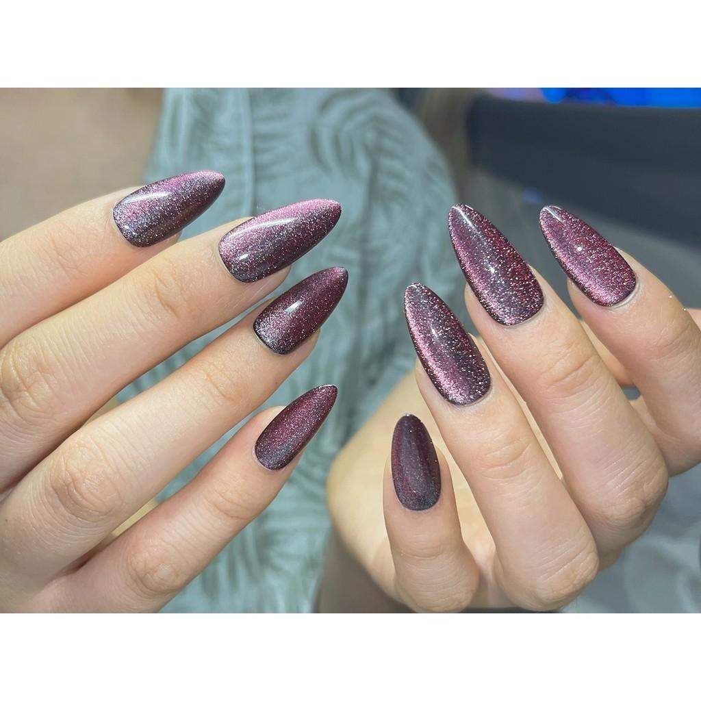 HANDMADE Artificial Nail Almond Purple Starry Cat's Eye Phototherapy Nails Fake Nails Reusable and Removable Nails