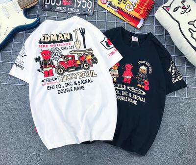 Japanese Trendy Brand Lucky Ghost Little Devil Firefighter Print Retro Cartoon Locomotive Short-sleeved T-shirt Men and Women