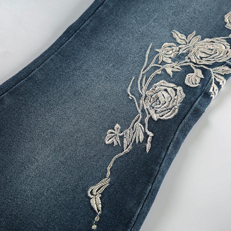 Plant Printed Embroidery Y2K Flare Jeans Women Vintage Skinny Boot Cut Trousers Fashion Street 2000s Denim Pants Fall