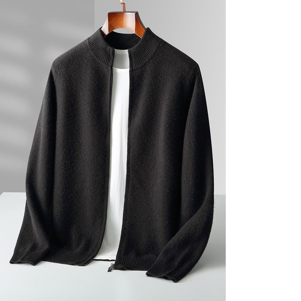 

Мужской теплый свитер из мериносовой шерсти с воротником-стойкой, утолщенный кардиган на молнии, осенне-зимний, кашемировый, вязаный, с длинным рукавом XS чёрный