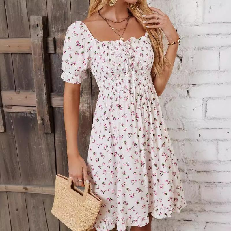 YYFS Damenmode Sommer Frühling Kurzarm Quadratischer Kragen Hohe Taille Freizeitkleider