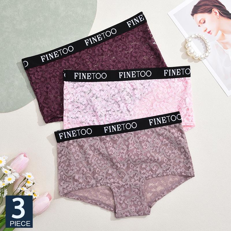 FINETOO 3Pcs/Set Mid-Waist Underpants Lace Boxer Briefs For Women Sexy Transparent Underwears Comfortable Soft Panties S-XL Size