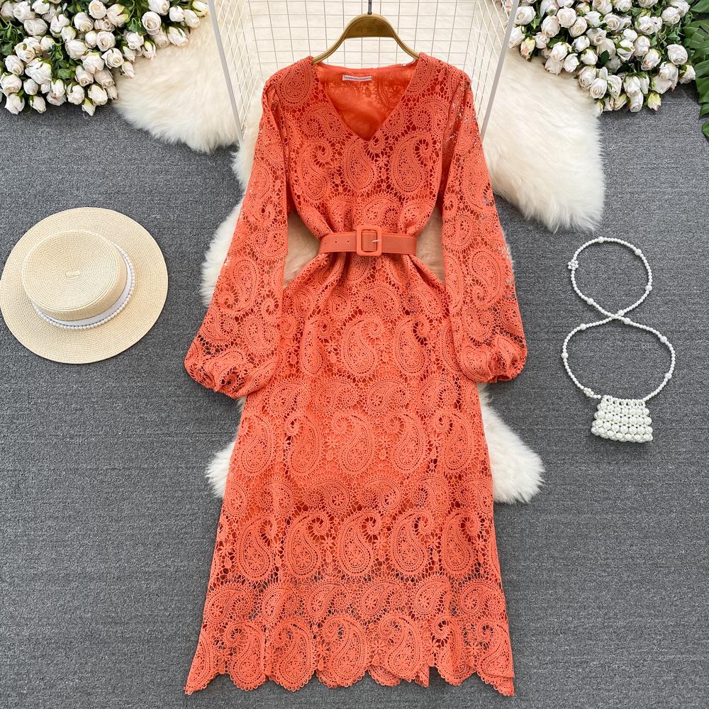Spring Autumn Red/Yellow/Purple/Blue Hollow Out Embroidered Long Dress Women Vintage Lace Puff Sleeve Party Maxi Vestidos