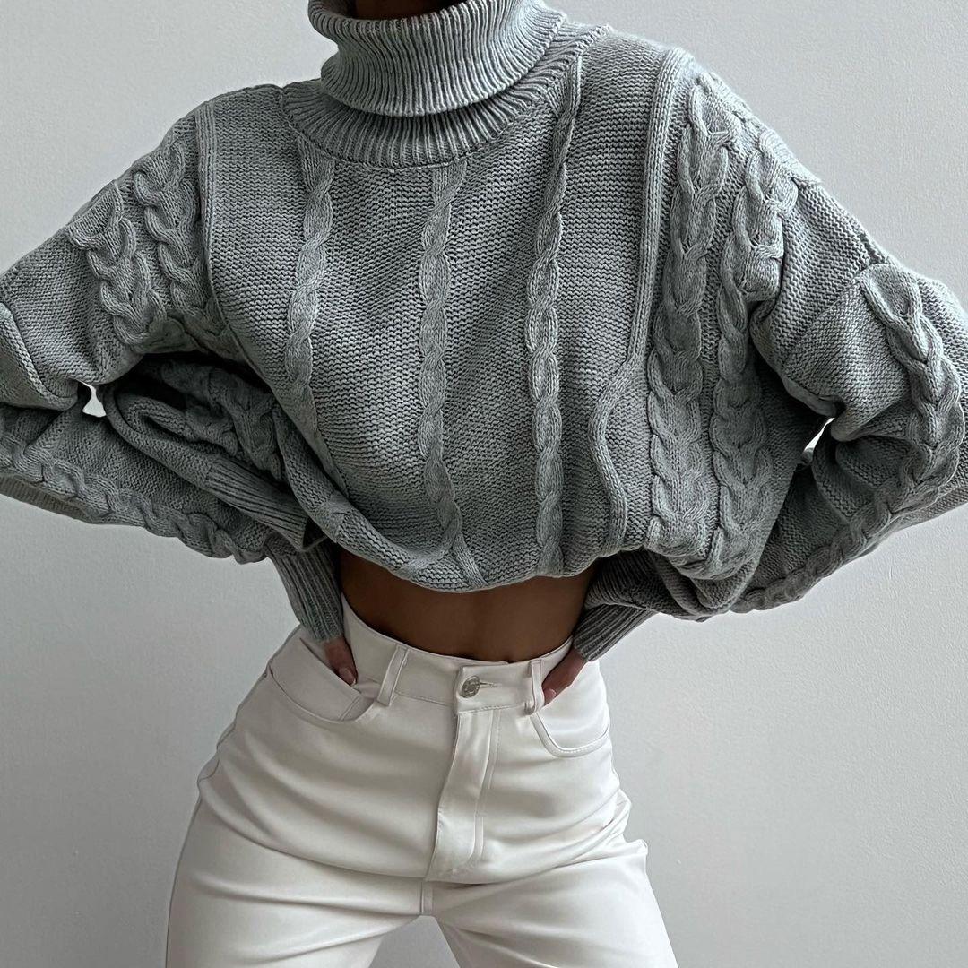 Осень-зима Винтажный свободный топ с длинными рукавами Однотонный пуловер Трикотажная одежда Свитер с воротником-стойкой S серый