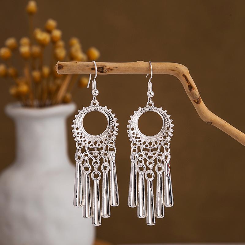 Miao Silver Tassel Dangle Earrings: Ethnic-Style Studs for Women
