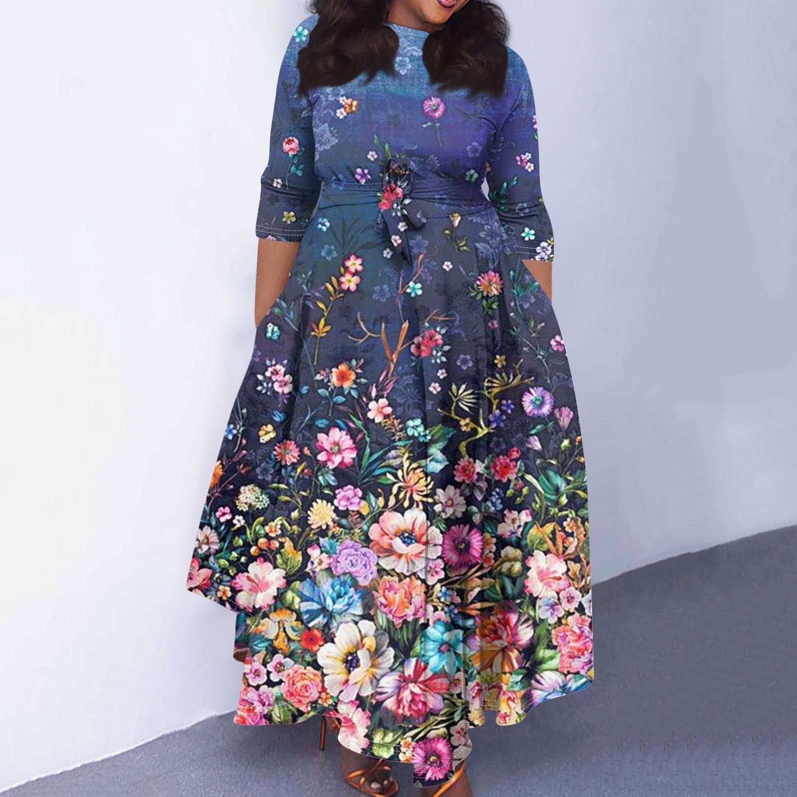 

Женское повседневное модное свободное платье большого размера с градиентным принтом и круглым вырезом, рукавами три четверти, карманными бретелями XXXXXL тёмно-синий