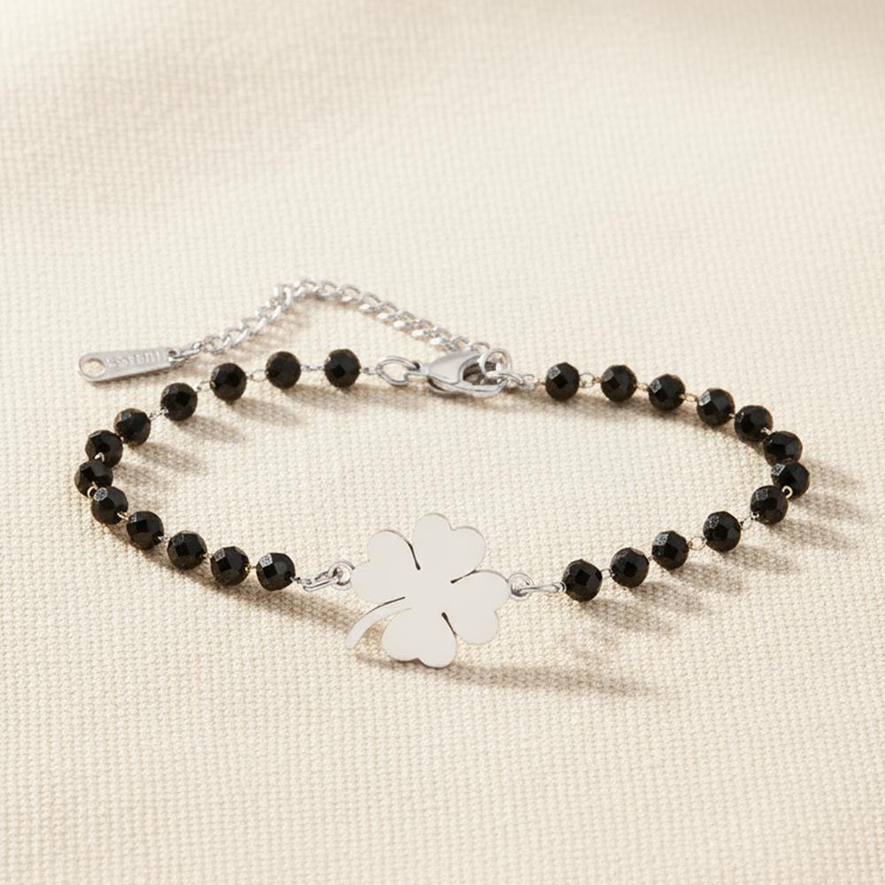 DGIDDK Stainless Steel Four-Leaf Clover Pendant With Black Beaded Bracelet Women's Fashionable And Unique Design Wrist Accessory