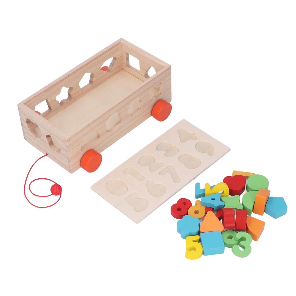Geometric Shape Blocks Sorting Toy Colorful Wooden Numbers Blocks Matching Pull Cart