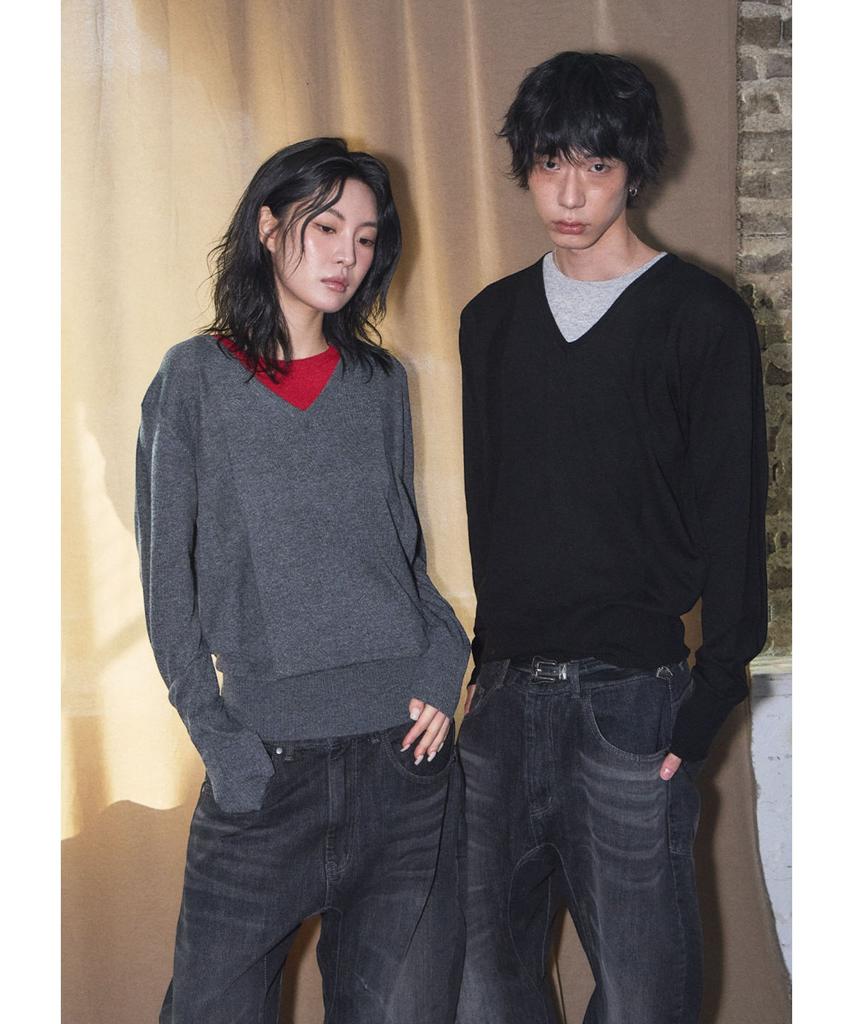 PARADIGMFILM [Ep.01] Reverse V-Neck Layered Knit (Black Gray)