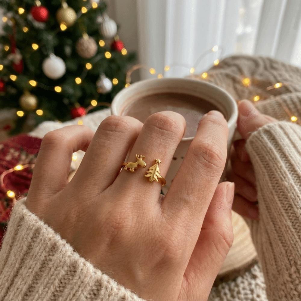 Retro Christmas Tree Ring Unique Adjustable Ring Women Reindeer Ring  Holiday