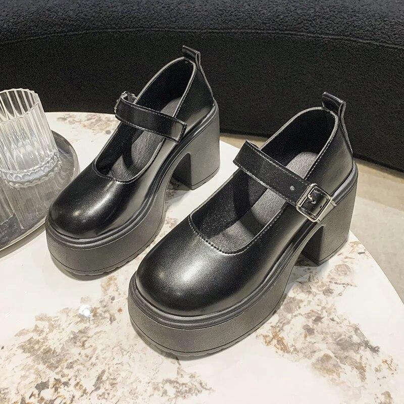 

Лоферы на очень высоком каблуке, женские туфли из лакированной кожи на массивной платформе, туфли-лодочки с пряжкой и ремешком, черная форменная обувь Jk, женская обувь Мэри Джейн 38 чёрный