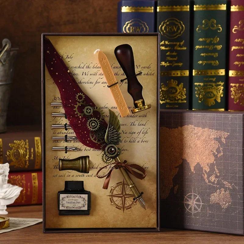 Классический набор каллиграфических перьевых ручек с восковыми чернилами и штампами, винтажные деревянные ручки, 5 разных перьев, подарок для студентов и взрослых