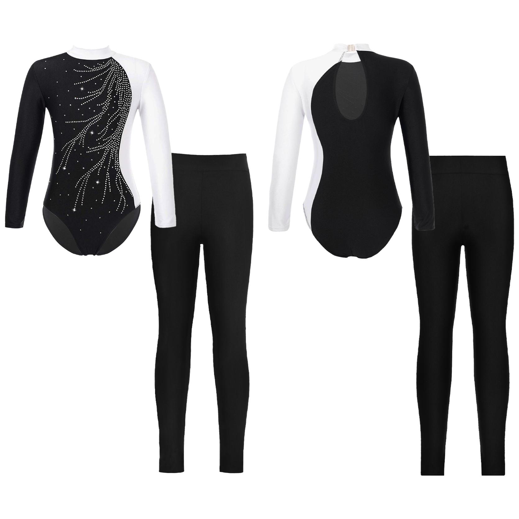 IEFiEL Kinderen Meisjes Kinderen Biketard Gymnastiek Turnpakjes met lange mouwen en contrasterende kleuren met leggings voor dansschaatsen 13-14 Years wit/zwart