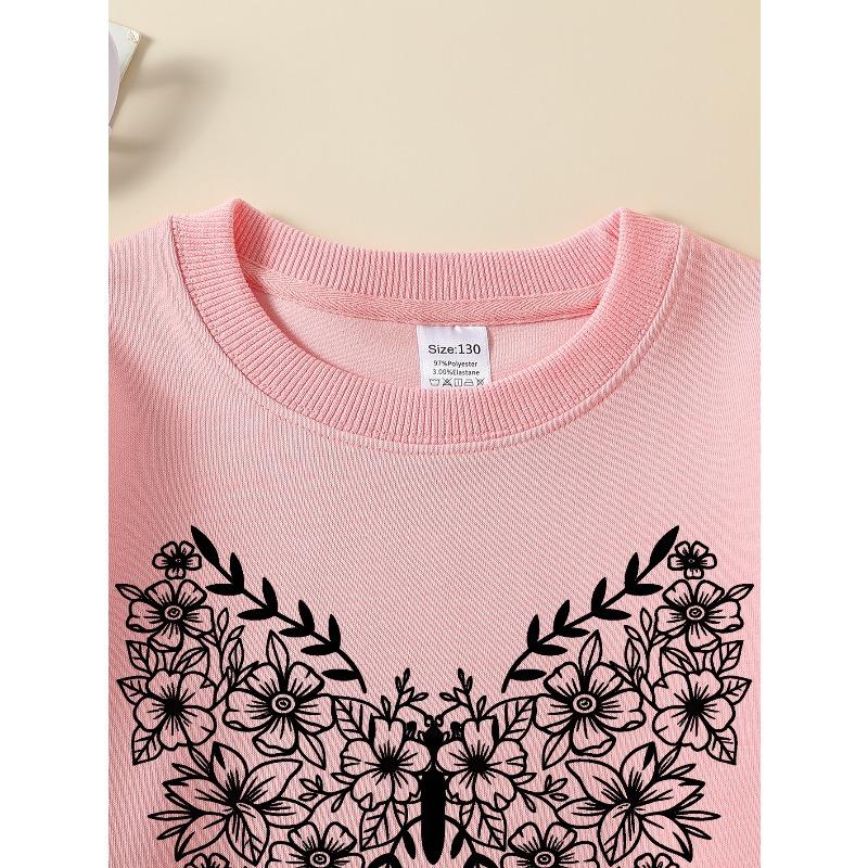 European sizes Girls Crew Neck Sweatshirt Floral Butterfly Pattern Design, Soft Cozy Pullover, Warm Casual for Autumn Winter.