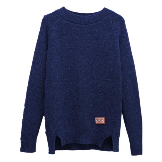 Женские топы с круглым вырезом длинным рукавом разрезом вязанные топы однотонные темно-синий 1496₽