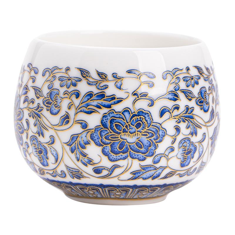 Light Luxury Suet Jade Porcelain Master Cup Single Cup Kung Fu Teacup Tea Tasting High-grade Blue and White Entangled Lotus Pattern Large Master Cup