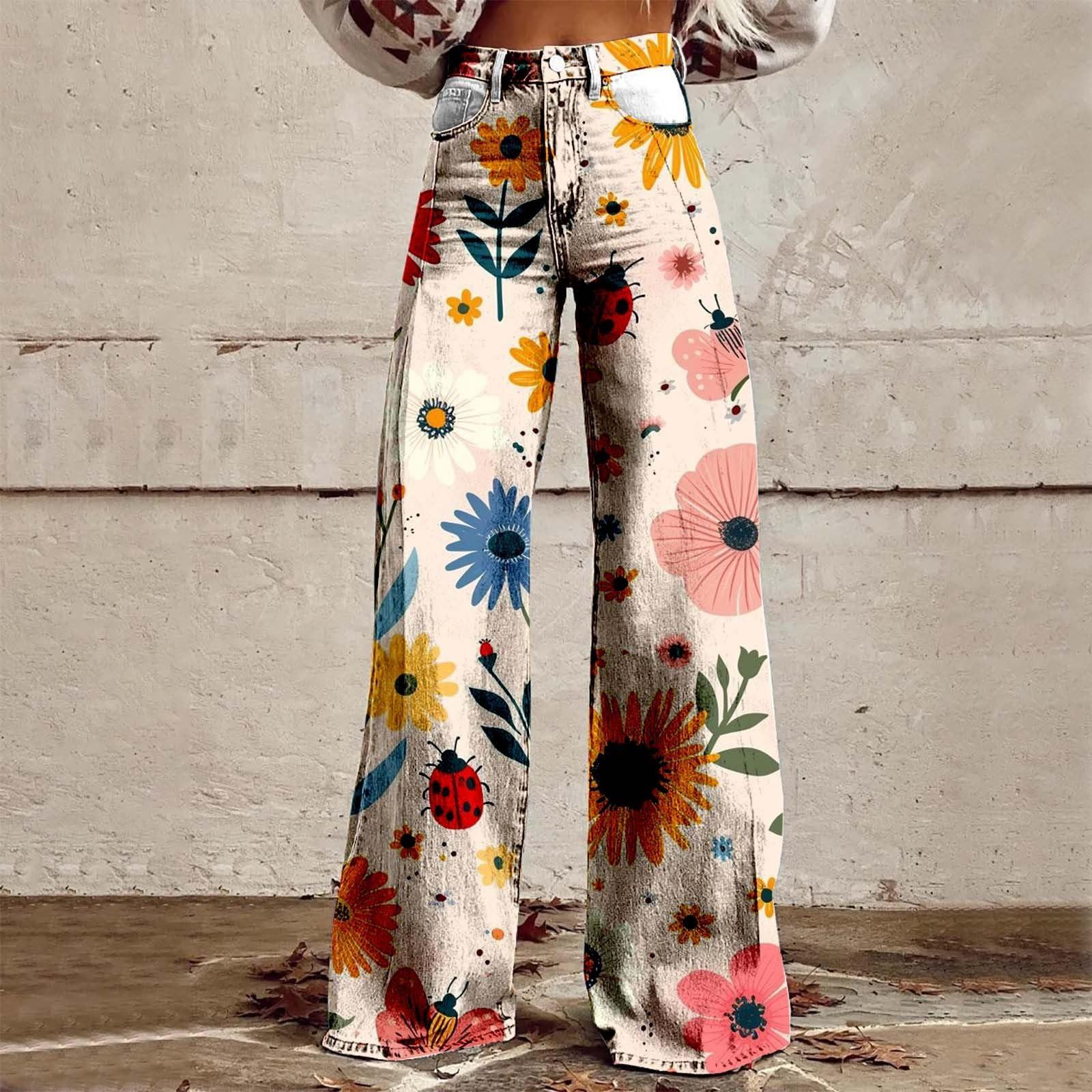 

Широкие расклешенные джинсы для женщин с карманами, мешковатые брюки с винтажным цветочным принтом и высокой талией, свободные брюки XXL розовый