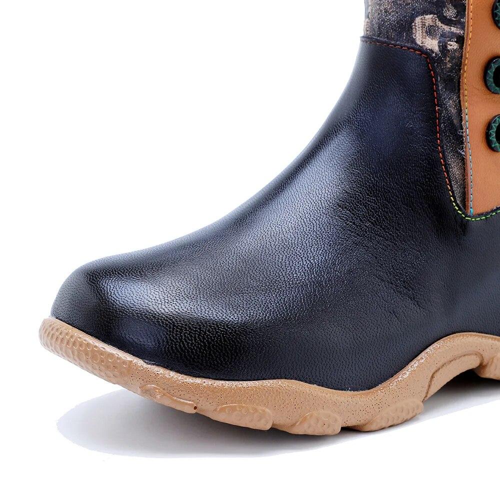 Johnature Genuine Leather Patchwork Printed Long Boots Fashion Versatile Leopard Print Fur Collar Women Shoes