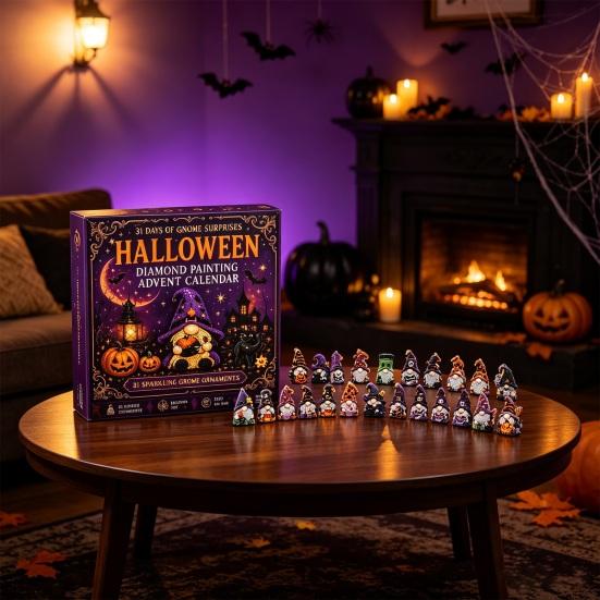 Kit Artigianale di Halloween Calendario dell'Avvento Pittura con Strass Gnomo 31 Giorni, Kit Artigianato Fai-da-te per Bomboniere Festa, Ornamenti Artistici Fatti a Mano con Strumenti per Perline
