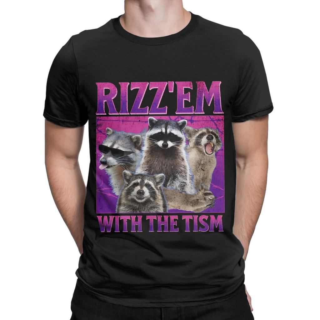 Rizz Em With The Tism Retro Vintage Raccoon Funny 100% Cotton T-Shirt A-Autism Racoon Tops Tees