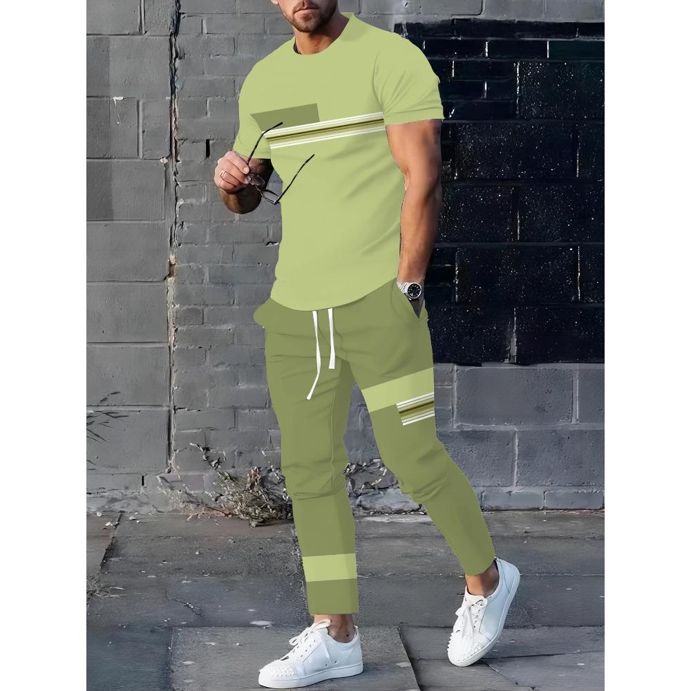 Men's Summer Splicing Letter Printed Pattern Breathable Quick Drying Top Trendy Soft Top Street Round Neck T-shirt Set