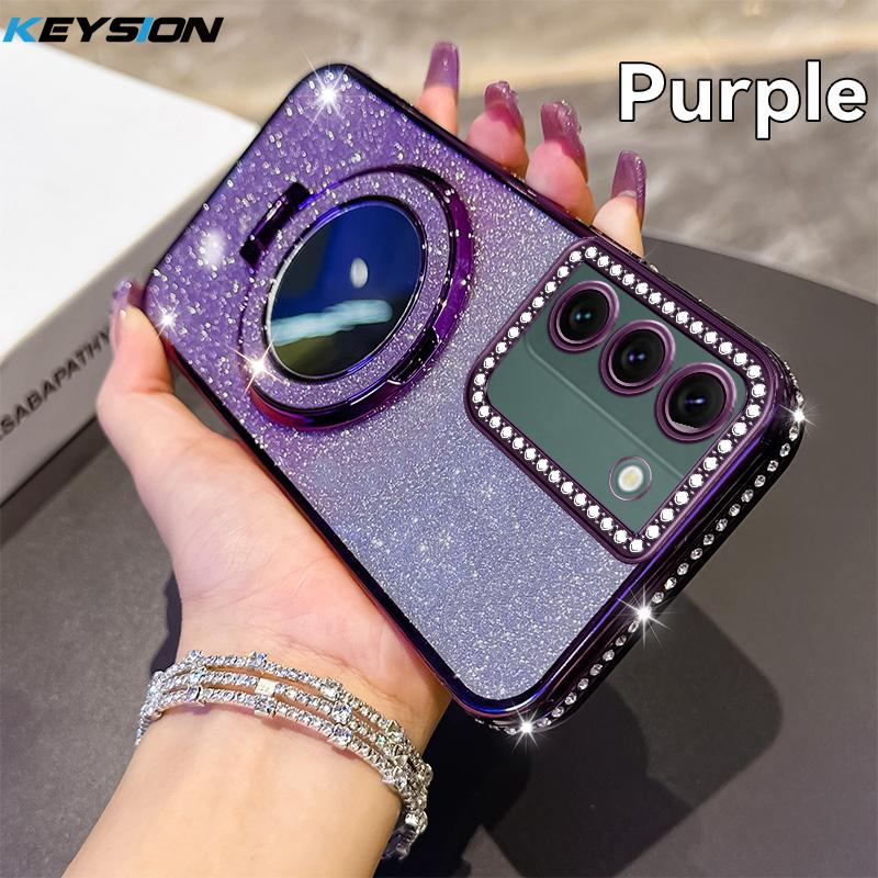 KEYSION Glitter Jewelled Magnetic Phone Case for Samsung Galaxy S22 Ultra S21+ Plus S20 FE Makeup Mirror Stand Shockproof Cover