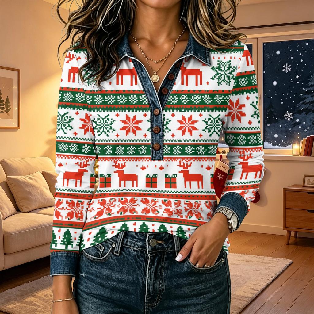 Women's Casual Loose Fit Long Sleeve Christmas Print Patchwork Top with Shoulder