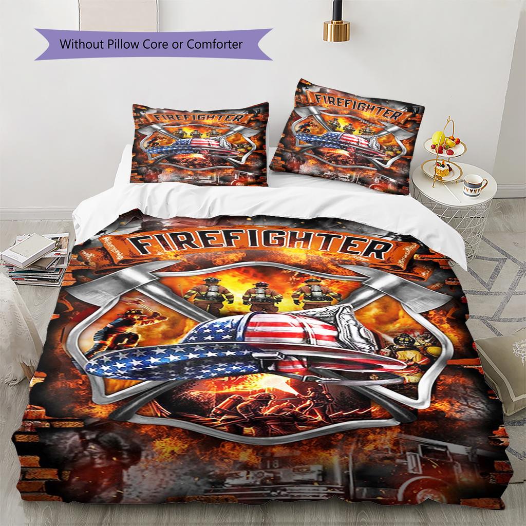 Firefighter Pattern Bedding Quilt Set Quilt Cover Pillowcase Home Decoration Gift (1 * duvet cover + 2 * pillowcase, without core)