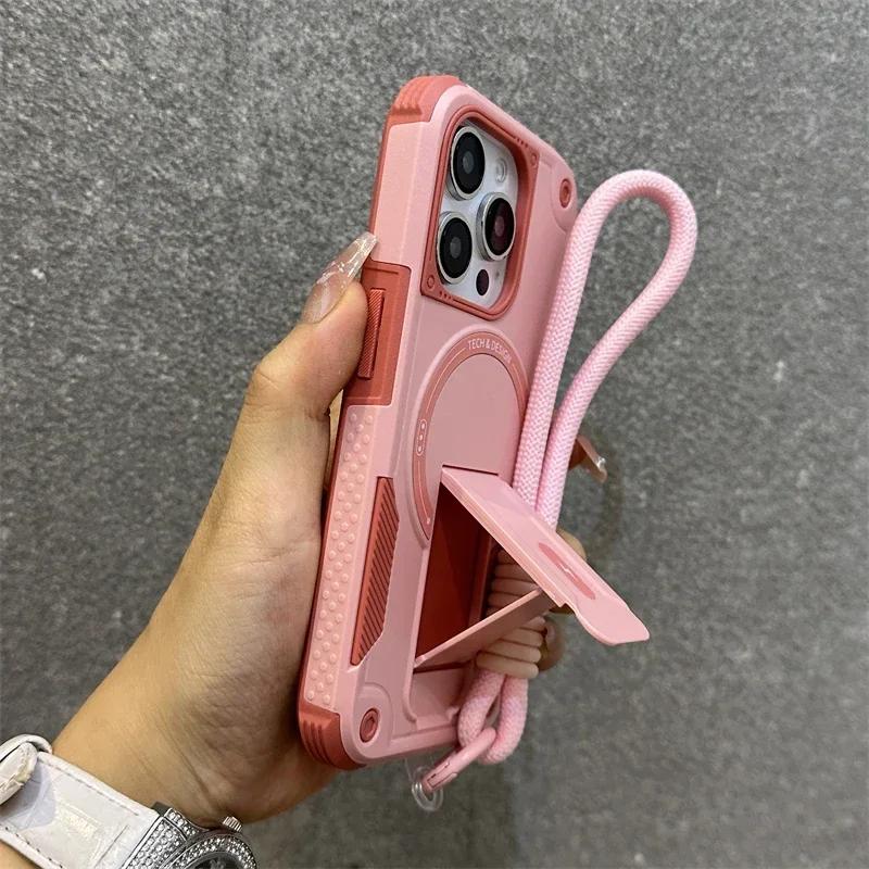 Popular Cool Rugged For Magsafe Charging Case For iPhone 17 Air 16E 15 14 13 12 Pro Max Wrist Strap Hidden Stand Anti-Drop Cover