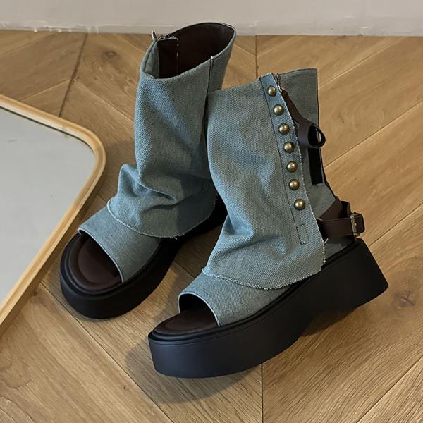 Fashion All-Match Female Sandal Clogs With Heel 2025 Women's Round Toe Ladies Shoes Summer Girls Thick New Fashion Low Retro Open Beige