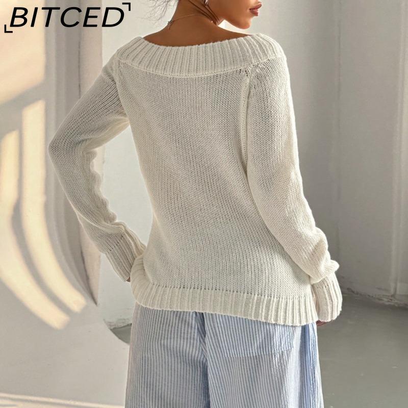 BITCED Solid Color Minimalist Off-Shoulder Pullover Sweater for Women - Autumn/Winter Knit Casual Sweater