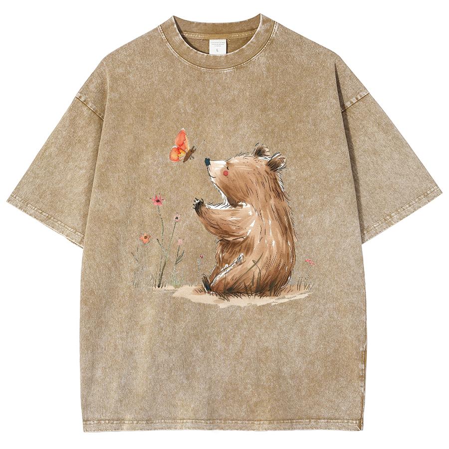 Cartoon Hand Painted Brown Bear Print Women's T-Shirt Washed Oversized Loose Short Sleeve Unisex Retro Faux Denim Top
