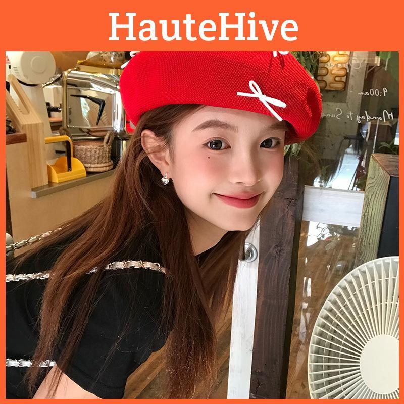 Bow Beret Red Painter Hat Uv Protection Breathable Female Lightweight Style