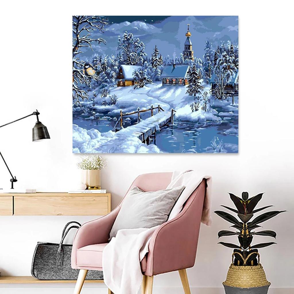 Rahmenmalen nach Zahlen für Starter-Set, Schneehaus, Landschaft, Weihnachtsgeschenk, Acrylfarbe auf Zahlen für Heimdekorationen, 40 x 50 cm