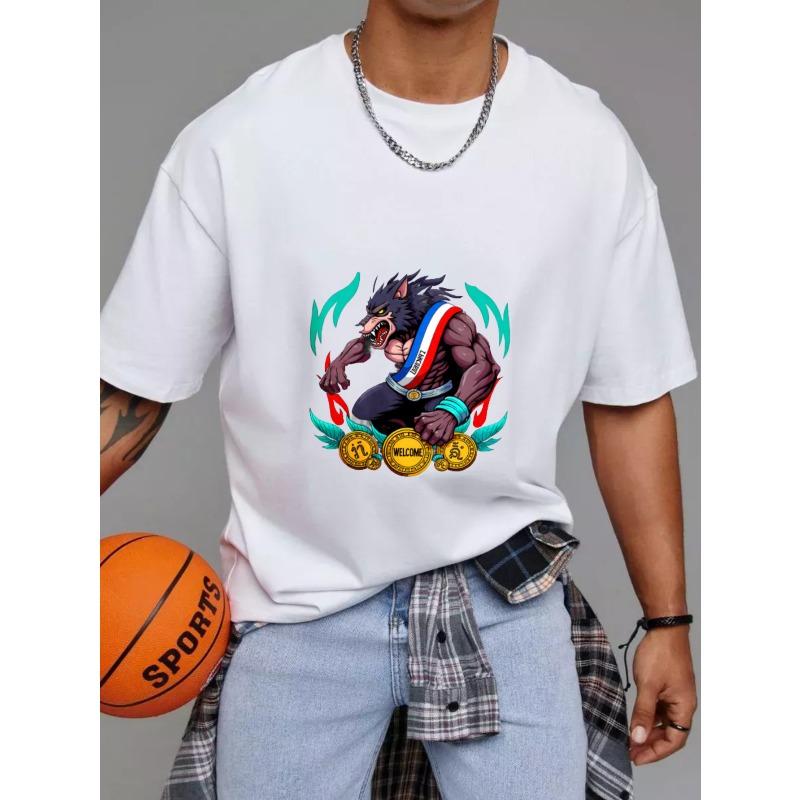 White T Shirt Wolf Mascot with Medals and Welcome Text Casual Wear for Men