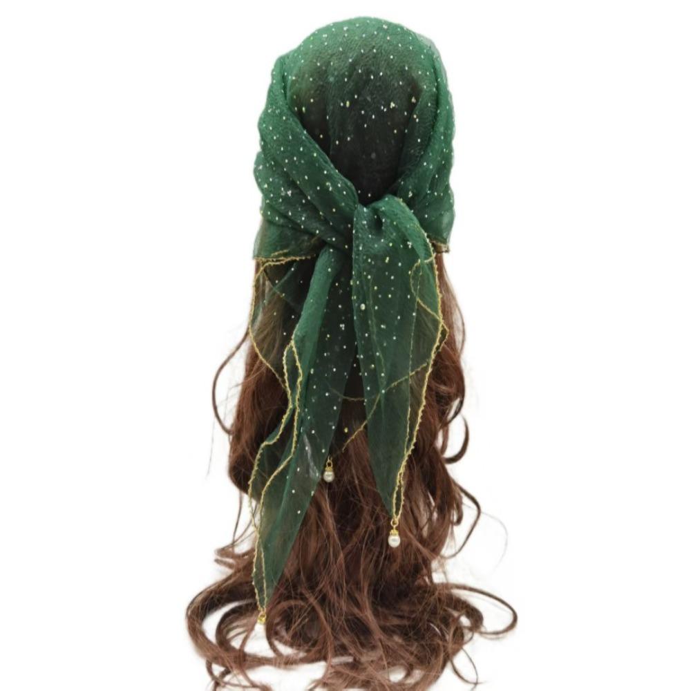 Pearl Tassel Rhinestone Square Scarf Hair Wrap Solid Color Full Sky Star Headwrap Lace Trim Breathable Fabric