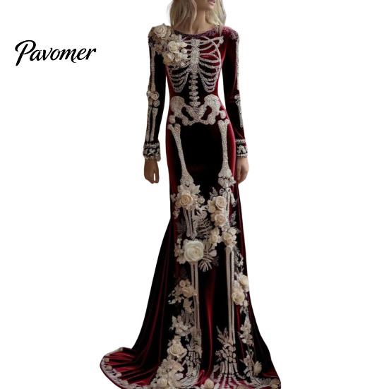 Skeleton Print Maxi Dress Women Dress, Gothic Long Sleeve with Evening 3D Flower Decor, Velvet Floral for Halloween Costume Party Design