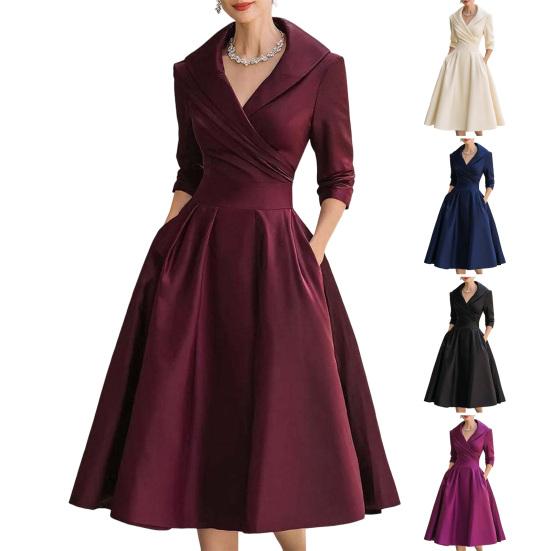 Women's Lapel V Neck Work Dress Long Sleeve A Line Swing Dress Formal Business Office Midi Blazer Dress