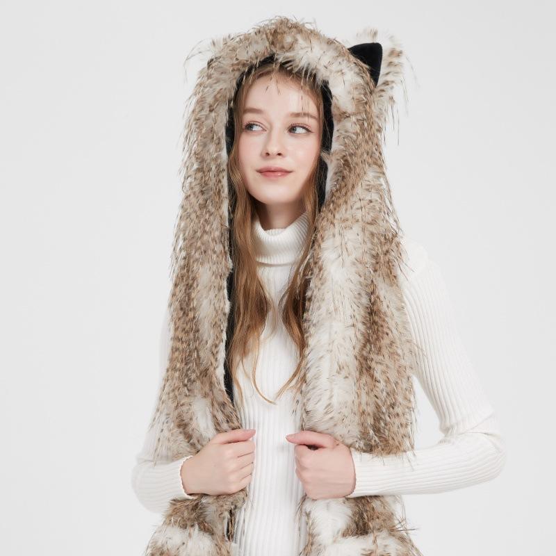 Meier Anime peacock feather faux fur bunny ear cartoon warm earflap hat scarf gloves set