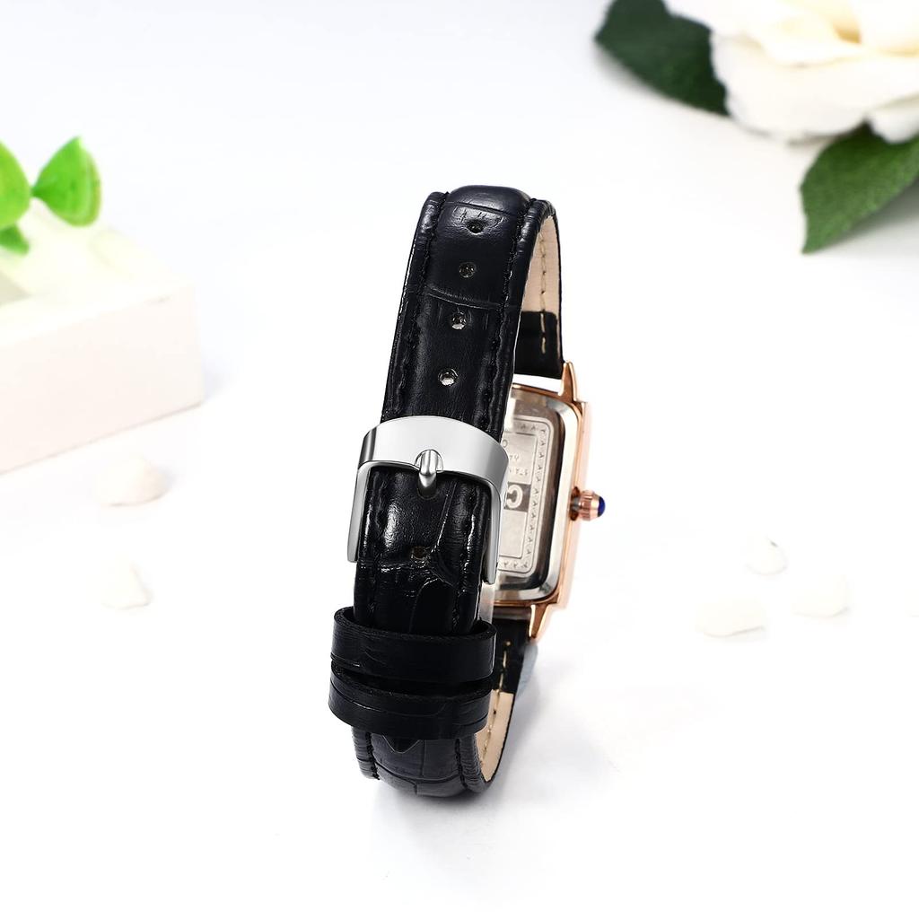 Women's Leather Strap Watch with Roman Alphabet, Analog Display, Calendar, 3ATM Water Resistance, Square Design, Popular Antique Style, Black,
