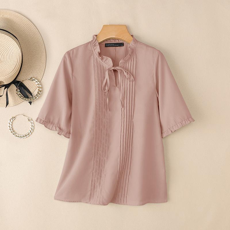ZANZEA Women Elegant Lace-Up Round Neck Summer Casual Half Sleeve Blouse