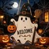 Halloween Wall Decor Wooden Hanging Door Sign Cute Ghost Welcome Ornament with Witch Broomstick Sign Hat Pumpkin Lantern Design Holiday for
