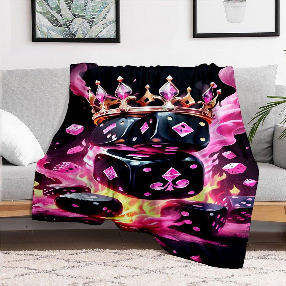 "Royal Flush Dice Set: Luxury Crowned Gaming Pieces with Fiery Flames"Blanket Flannel Throw Blanket for Sofa, Bed, Travel, Camping, Office