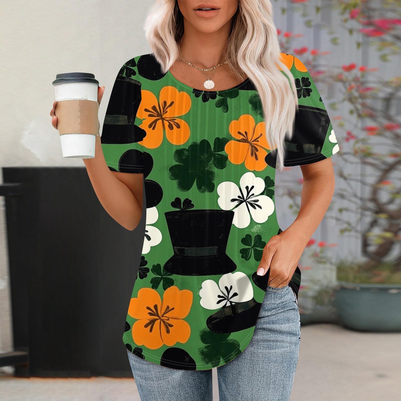 

Жіноча модна повсякденна плісирована кругла горловина St. Футболка з короткими рукавами з принтом до Дня Святого Патрика L шафрановий