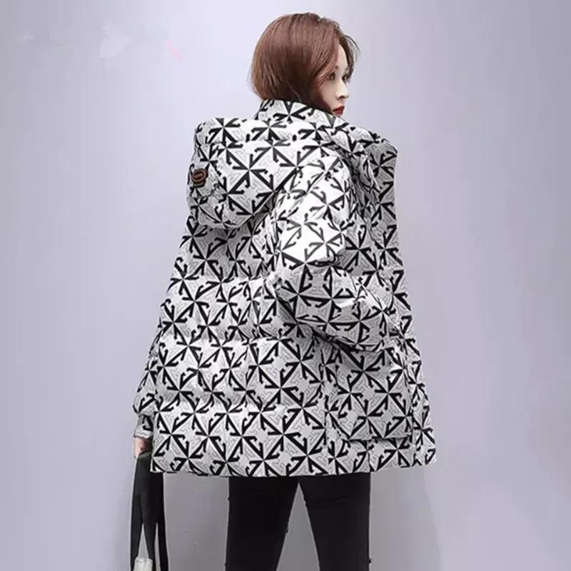 Winter Women's Mid Length Printed Down Cotton Jacket Standing Collar Hooded Winter Clothing