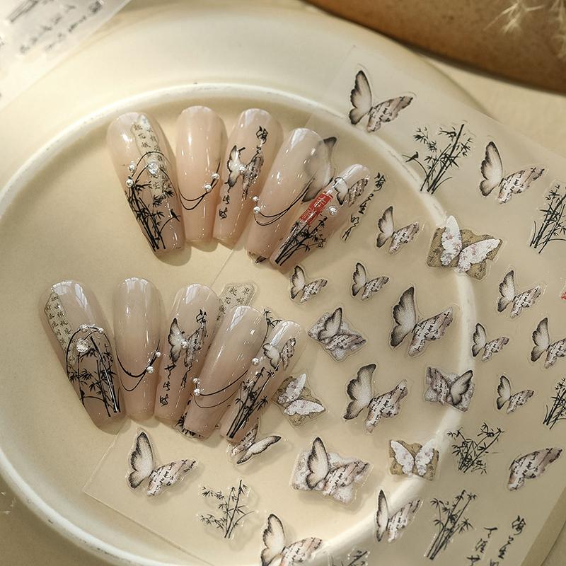 Chinese Style Butterfly Nail Art Sticker Embossed Poetry Ink Bamboo Decals For Nail Art Design Nail Transfer Sliders Diy Decor